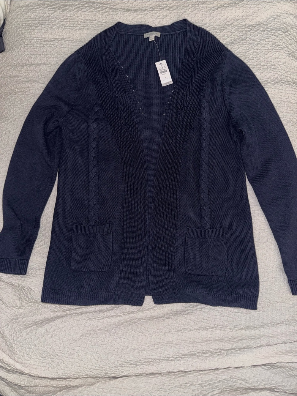 NWT Talbots Open Front Cardigan Cable Knit Cotton P XS Navy